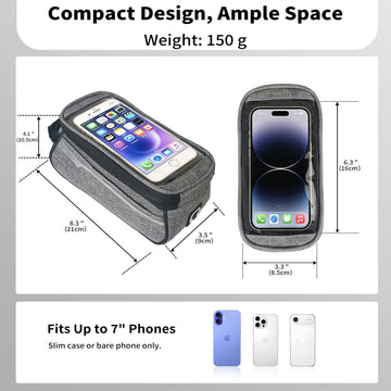 Waterproof Bicycle Top Tube Bag, Sensitive Touch Screen Bike Phone Holder Pouch Fits Phones Under 7", Quick Release Top Opening Cycling Storage Bag with Headphone Port for E-Bike, Mountain Bike, Commuter Bike